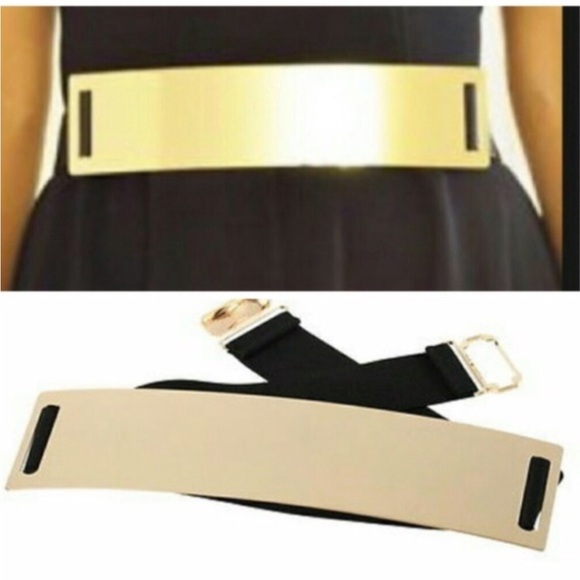 Black stretch gold metal plate stretch Moto style belt